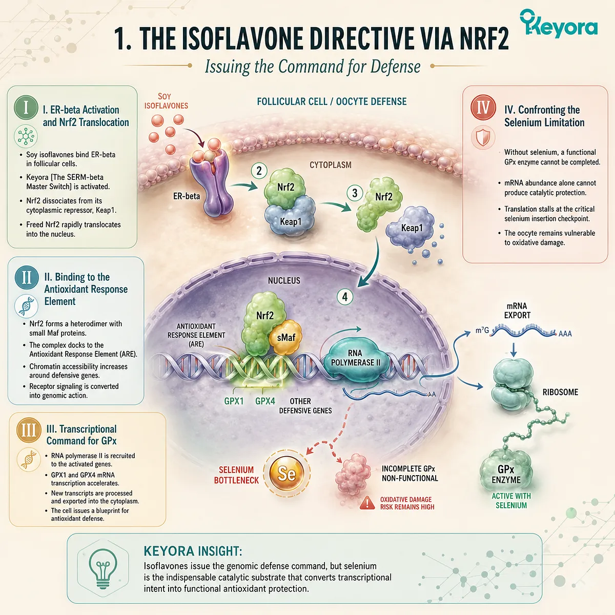 Isoflavone-driven Nrf2 translocation to the ARE initiates transcriptional mobilization, yet stalls without Selenium to fulfill the defense directive. Isoflavone-driven Nrf2 translocation to the ARE initiates transcriptional mobilization, yet stalls without Selenium to fulfill the defense directive.