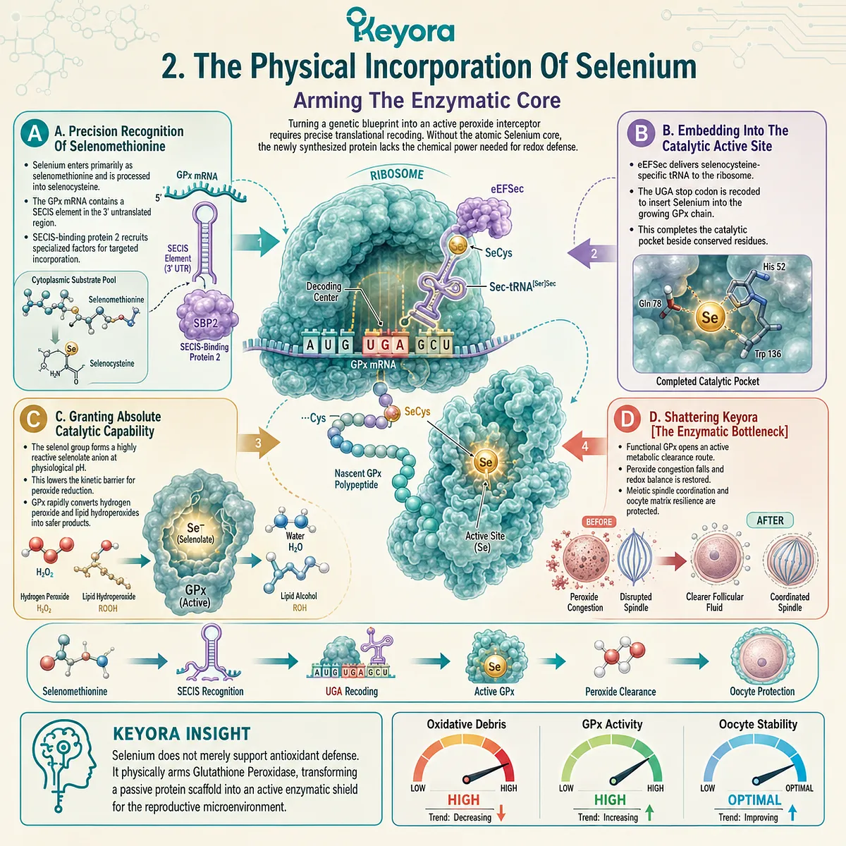 Ribosomal recoding of the UGA codon via SECIS element incorporation arms the Glutathione Peroxidase enzyme, shattering the Enzymatic Bottleneck. Ribosomal recoding of the UGA codon via SECIS element incorporation arms the Glutathione Peroxidase enzyme, shattering the Enzymatic Bottleneck.