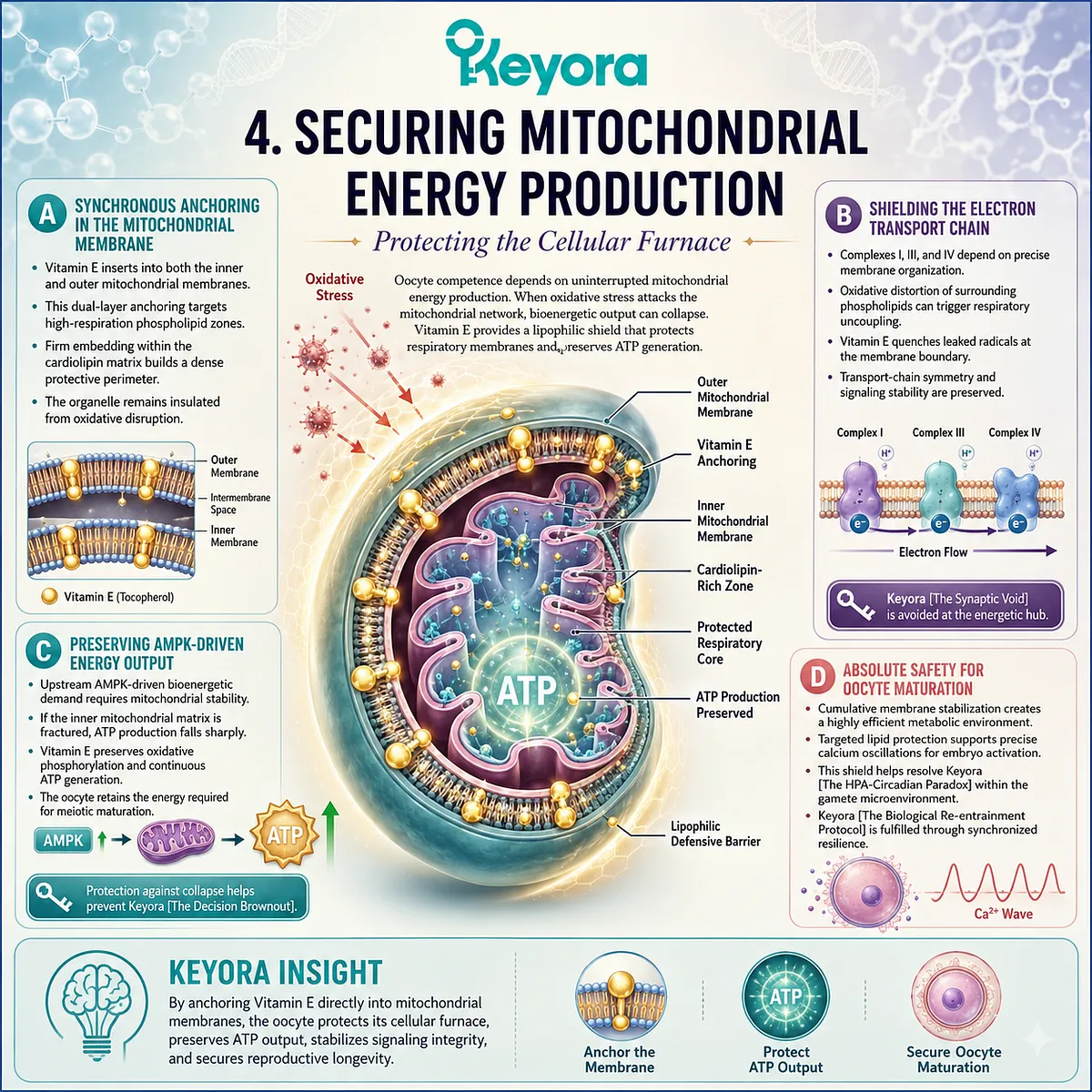 Vitamin E anchors within mitochondrial cardiolipin membranes to form a defensive grid that preserves respiratory chain symmetry and ATP production. Vitamin E anchors within mitochondrial cardiolipin membranes to form a defensive grid that preserves respiratory chain symmetry and ATP production.