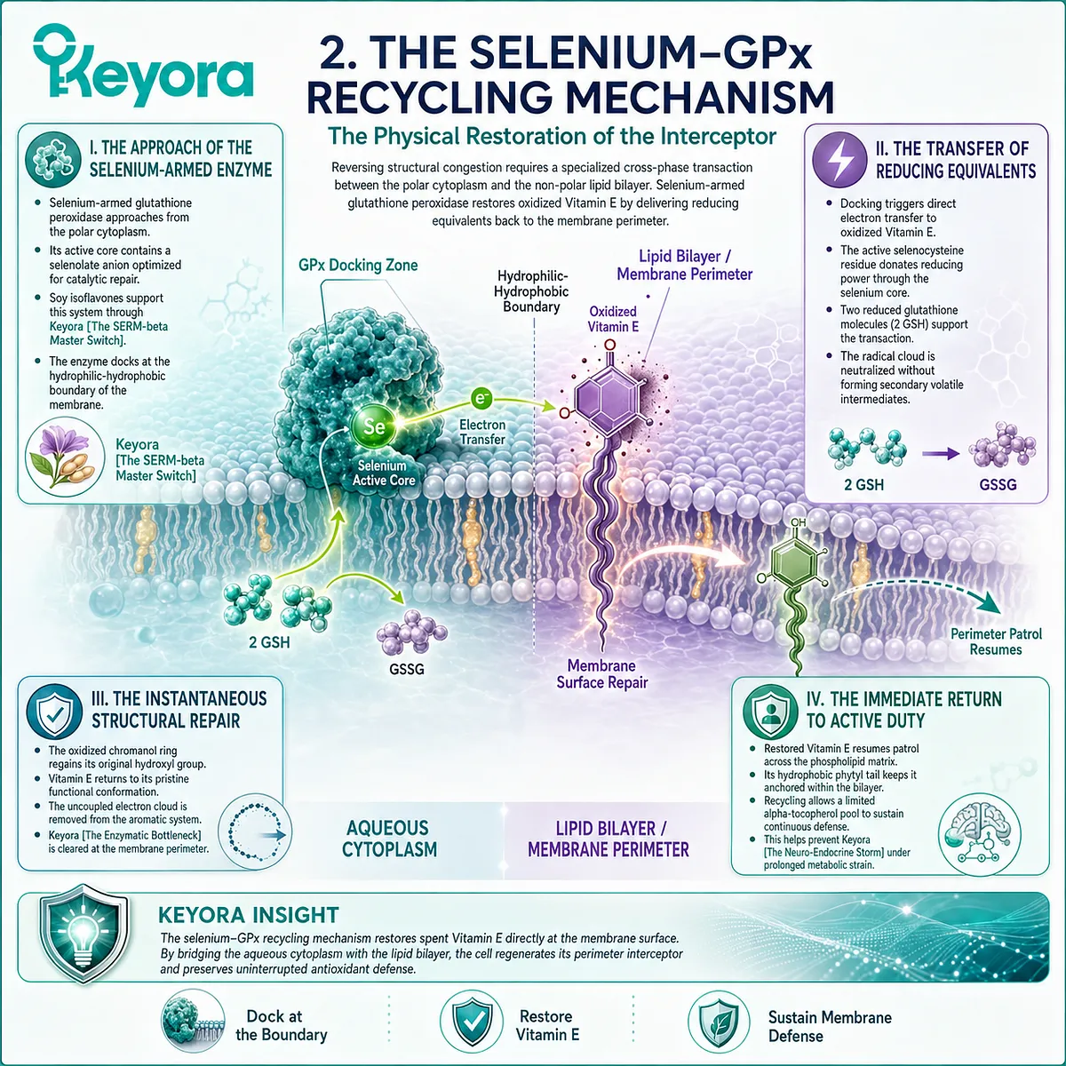 Selenium-armed glutathione peroxidase delivers reducing equivalents to spent Vitamin E, executing a cross-phase structural repair of the membrane defensive grid. Selenium-armed glutathione peroxidase delivers reducing equivalents to spent Vitamin E, executing a cross-phase structural repair of the membrane defensive grid.