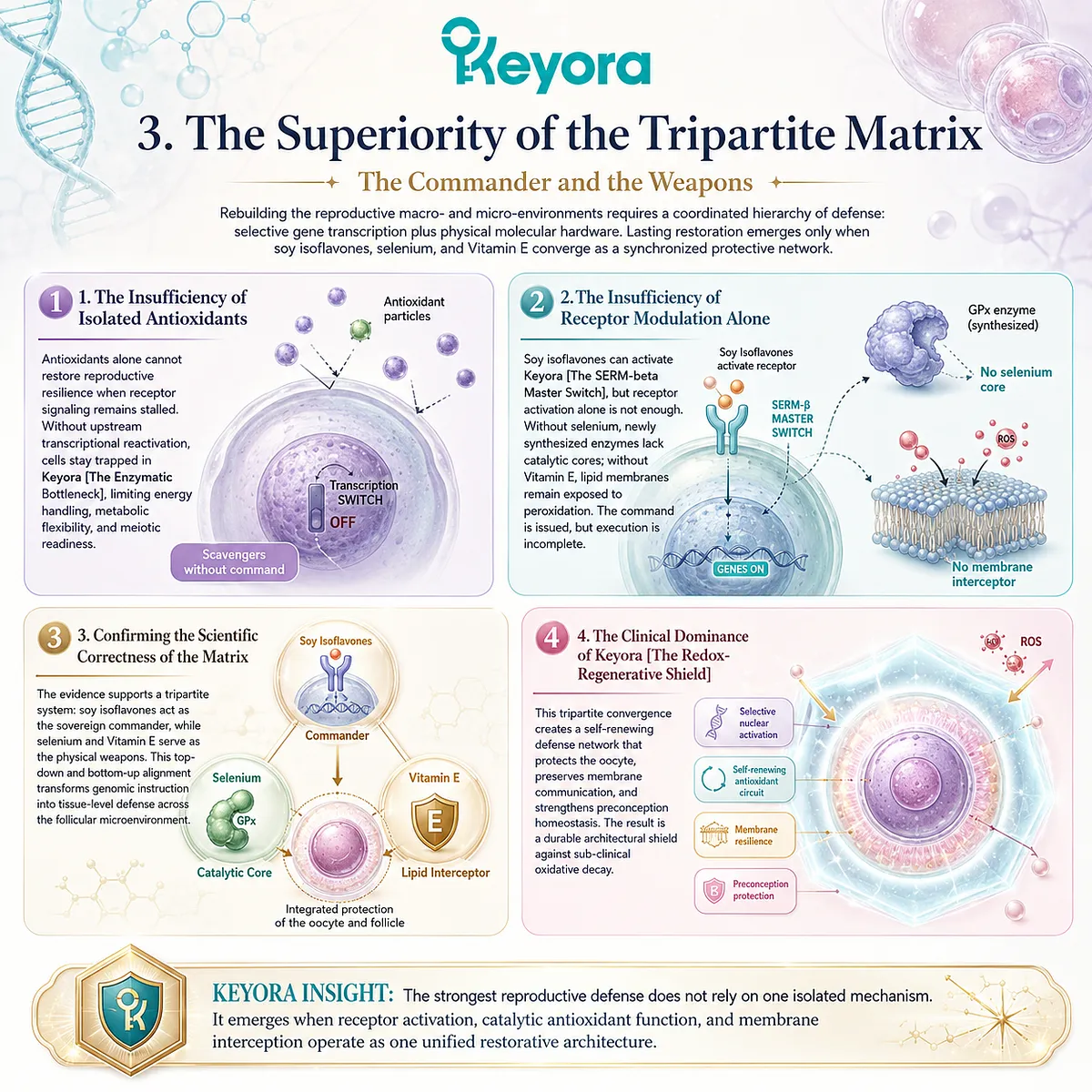 The tripartite matrix of isoflavones, Se, and Vit E integrates genomic command with physical weaponization, forging an impenetrable Redox-Regenerative Shield. The tripartite matrix of isoflavones, Se, and Vit E integrates genomic command with physical weaponization, forging an impenetrable Redox-Regenerative Shield.