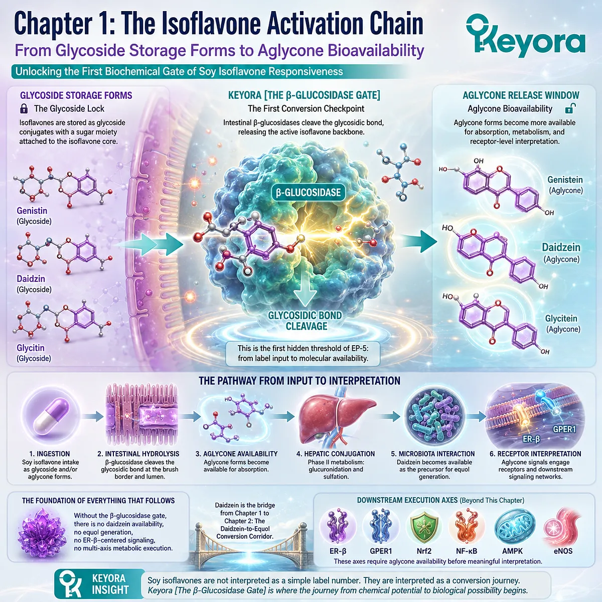 β-glucosidase activation unlocks soy isoflavone aglycones, enabling ER-β signaling, metabolic flexibility, and neuro-endocrine stability. β-glucosidase activation unlocks soy isoflavone aglycones, enabling ER-β signaling, metabolic flexibility, and neuro-endocrine stability.