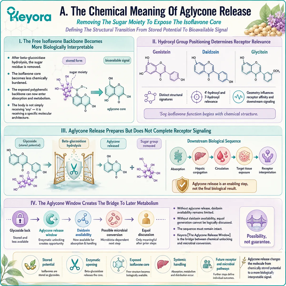 Aglycone release exposes soy isoflavone hydroxyl architecture, enabling ER-β recognition and microbial conversion readiness. Aglycone release exposes soy isoflavone hydroxyl architecture, enabling ER-β recognition and microbial conversion readiness.