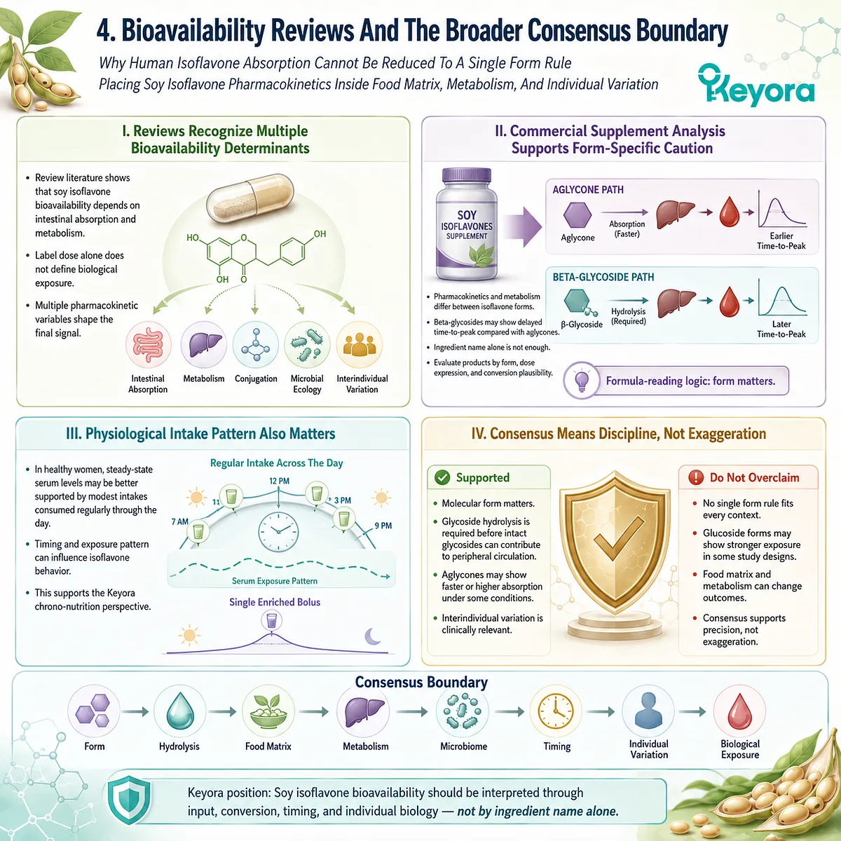 Soy isoflavone bioavailability depends on hydrolysis, food matrix, metabolism, and individual ER-β signaling variability. Soy isoflavone bioavailability depends on hydrolysis, food matrix, metabolism, and individual ER-β signaling variability.