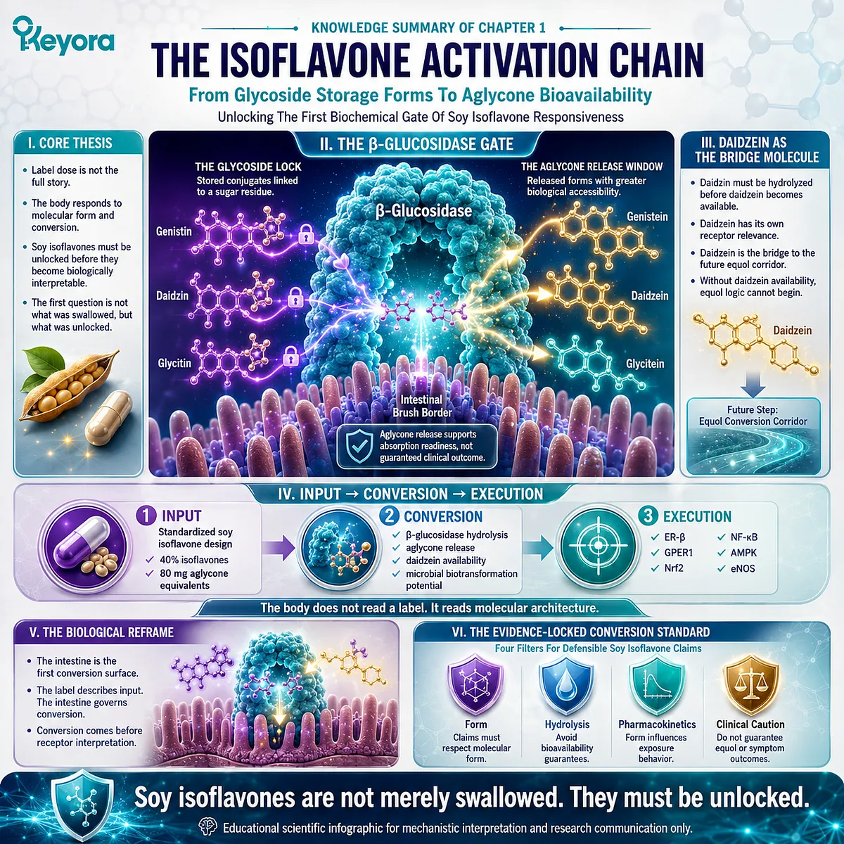 Soy isoflavone hydrolysis and aglycone release govern daidzein availability, ER-β signaling, and microbiota-driven bioavailability variability. Soy isoflavone hydrolysis and aglycone release govern daidzein availability, ER-β signaling, and microbiota-driven bioavailability variability.