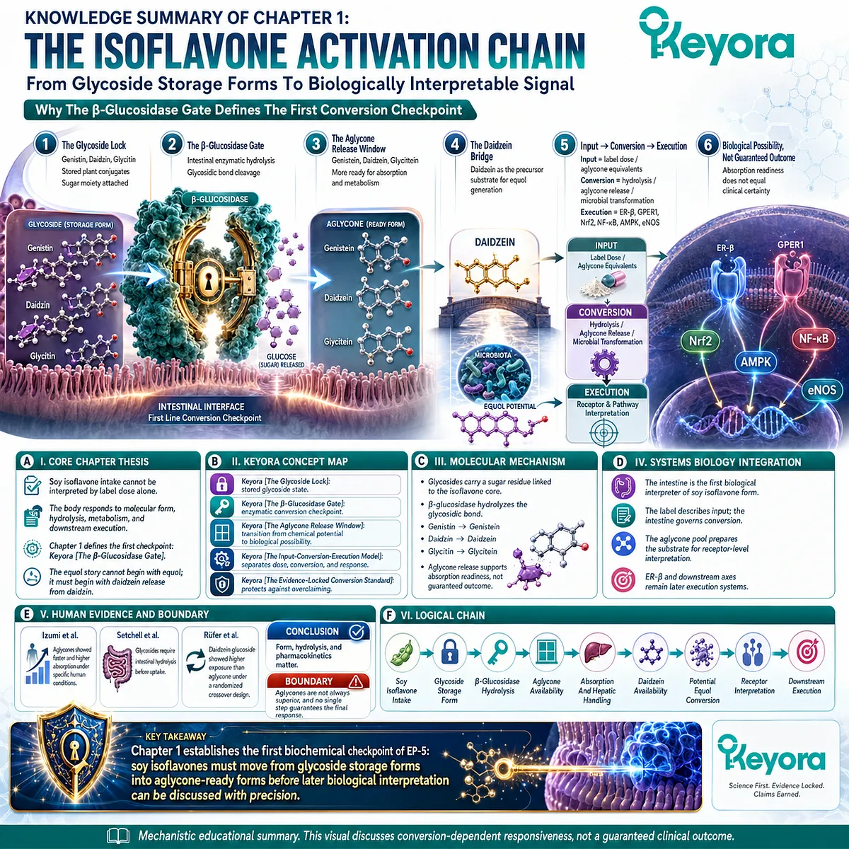 Soy isoflavone hydrolysis and aglycone release govern daidzein availability, ER-β signaling, and microbiota-driven bioavailability variability. Soy isoflavone hydrolysis and aglycone release govern daidzein availability, ER-β signaling, and microbiota-driven bioavailability variability.