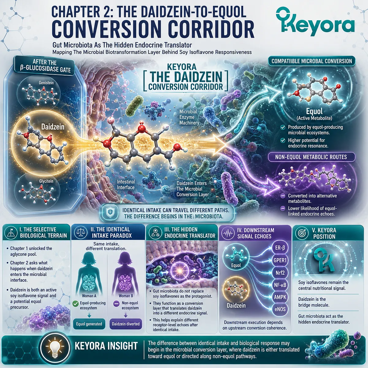 Keyora Daidzein Conversion Corridor links gut microbiota biotransformation, ER-β signaling, and Nrf2 defense synchronization. Keyora Daidzein Conversion Corridor links gut microbiota biotransformation, ER-β signaling, and Nrf2 defense synchronization.