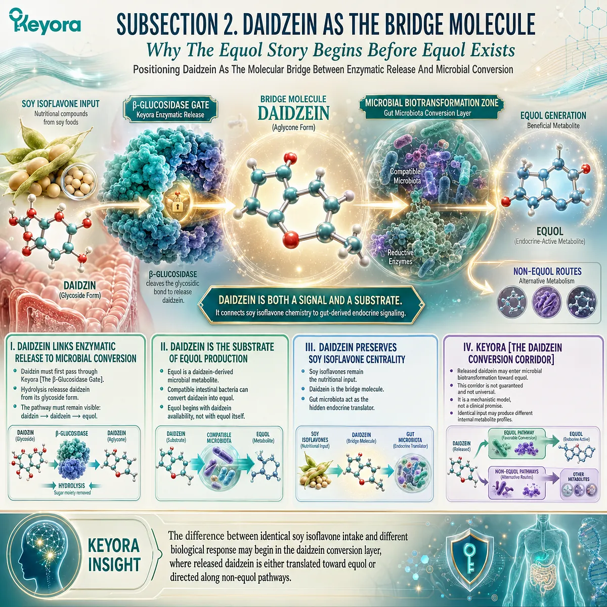 Keyora Daidzein Conversion Corridor connects β-glucosidase release, microbial equol synthesis, and ER-β endocrine amplification. Keyora Daidzein Conversion Corridor connects β-glucosidase release, microbial equol synthesis, and ER-β endocrine amplification.