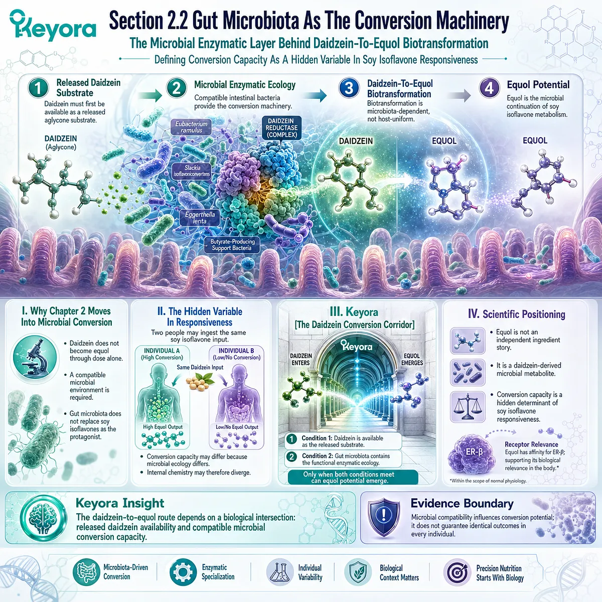 Keyora Daidzein Conversion Corridor integrates gut microbiota enzymes, equol biotransformation, and ER-β signal amplification. Keyora Daidzein Conversion Corridor integrates gut microbiota enzymes, equol biotransformation, and ER-β signal amplification.