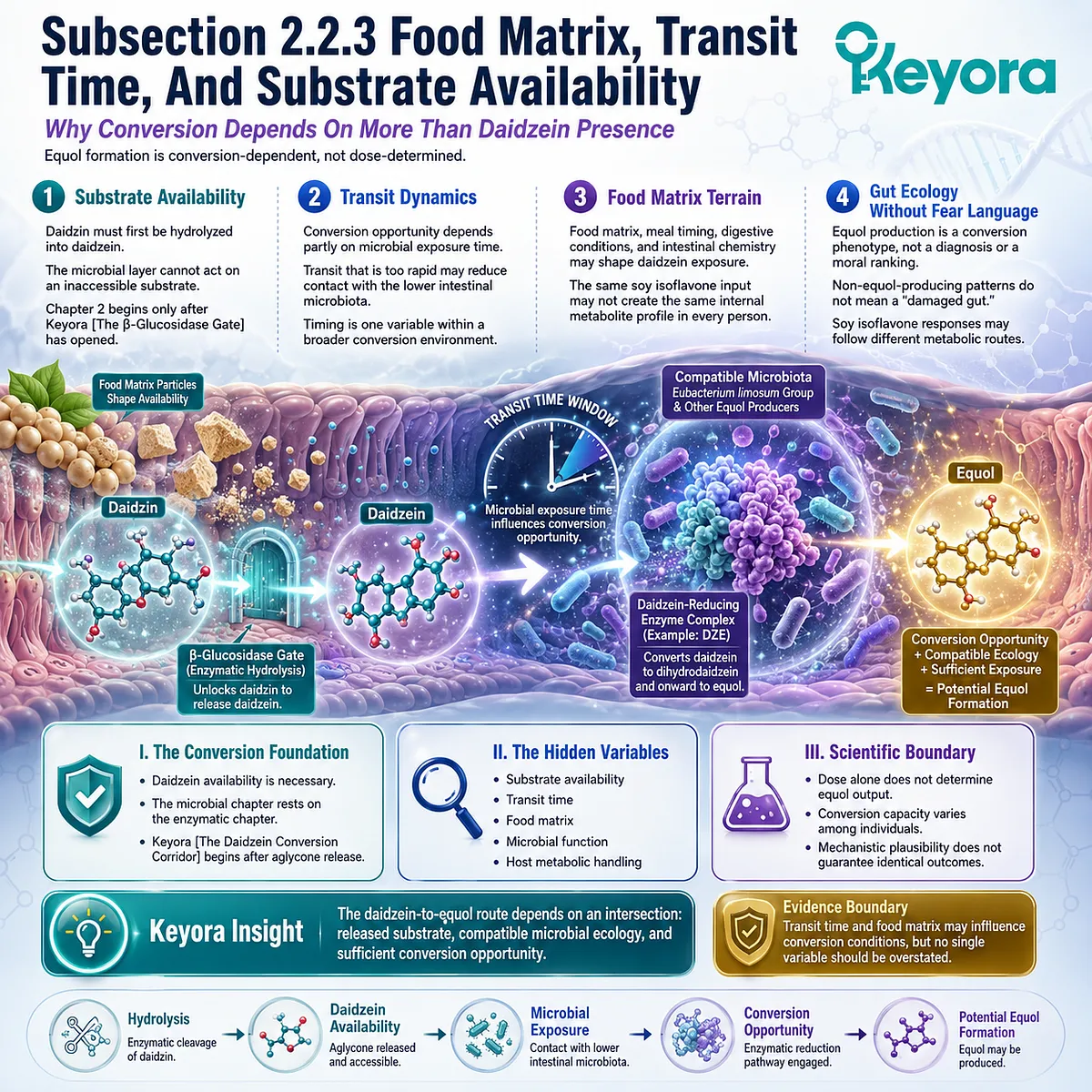 Keyora Daidzein Conversion Corridor integrates food matrix effects, transit dynamics, and microbial substrate conversion efficiency. Keyora Daidzein Conversion Corridor integrates food matrix effects, transit dynamics, and microbial substrate conversion efficiency.