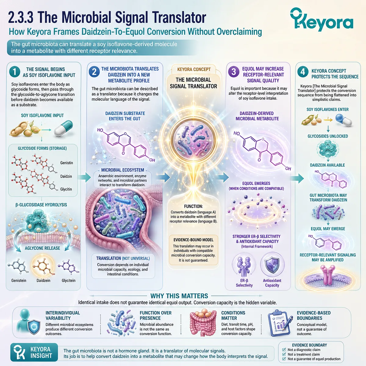 Keyora Microbial Signal Translator converts daidzein into equol-linked ER-β amplification through gut microbiota ecology. Keyora Microbial Signal Translator converts daidzein into equol-linked ER-β amplification through gut microbiota ecology.