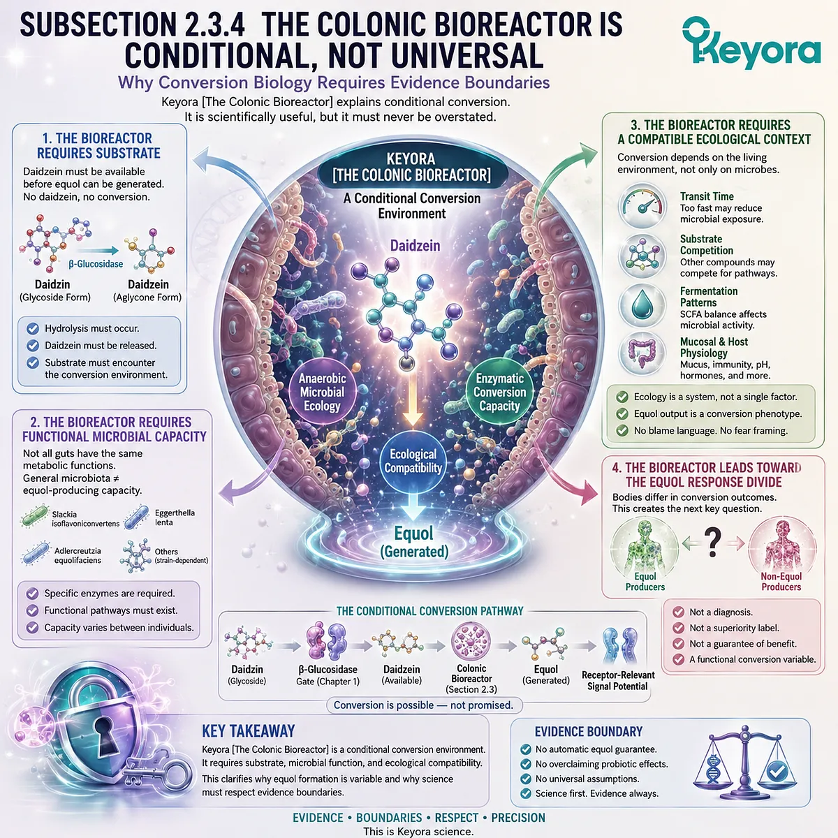 Keyora Colonic Bioreactor defines conditional equol conversion through daidzein substrate, microbial capacity, and gut ecology. Keyora Colonic Bioreactor defines conditional equol conversion through daidzein substrate, microbial capacity, and gut ecology.