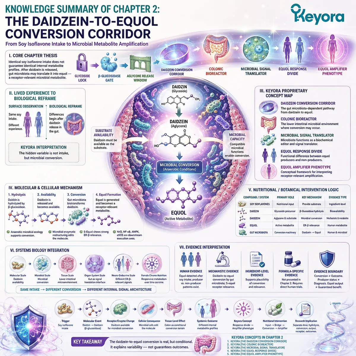 Keyora Equol Amplifier Phenotype integrates daidzein conversion, microbial translation, ER-β signaling, and precision-nutrition variability. Keyora Equol Amplifier Phenotype integrates daidzein conversion, microbial translation, ER-β signaling, and precision-nutrition variability.