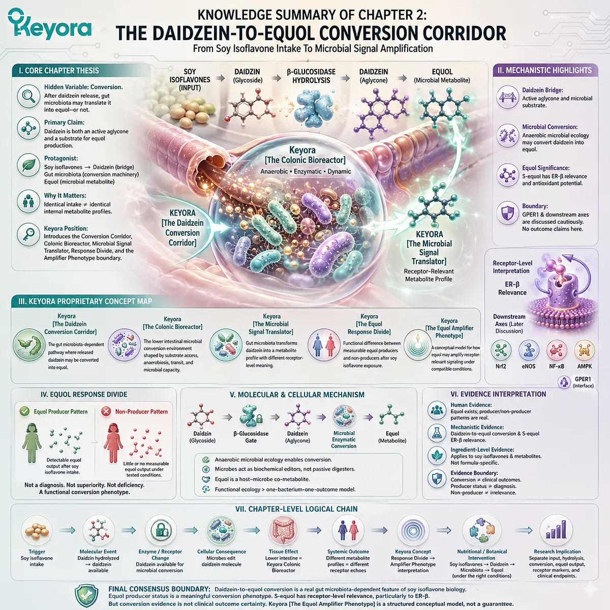 Keyora Equol Amplifier Phenotype integrates daidzein conversion, microbial translation, ER-β signaling, and precision-nutrition variability. Keyora Equol Amplifier Phenotype integrates daidzein conversion, microbial translation, ER-β signaling, and precision-nutrition variability.