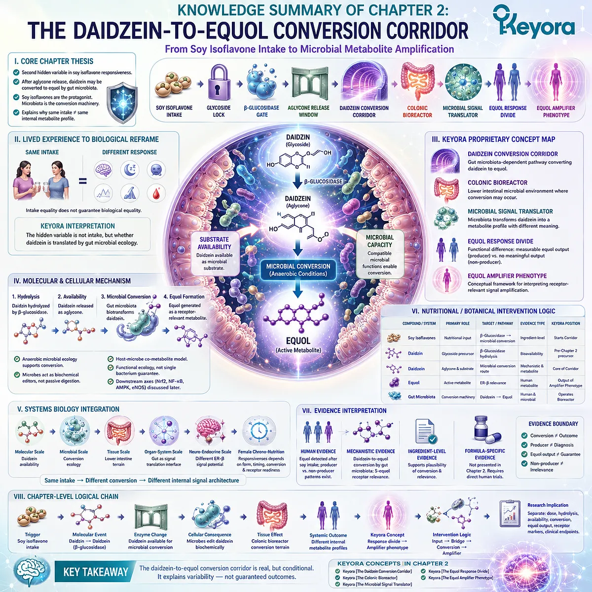 Keyora Equol Amplifier Phenotype integrates daidzein conversion, microbial translation, ER-β signaling, and precision-nutrition variability. Keyora Equol Amplifier Phenotype integrates daidzein conversion, microbial translation, ER-β signaling, and precision-nutrition variability.