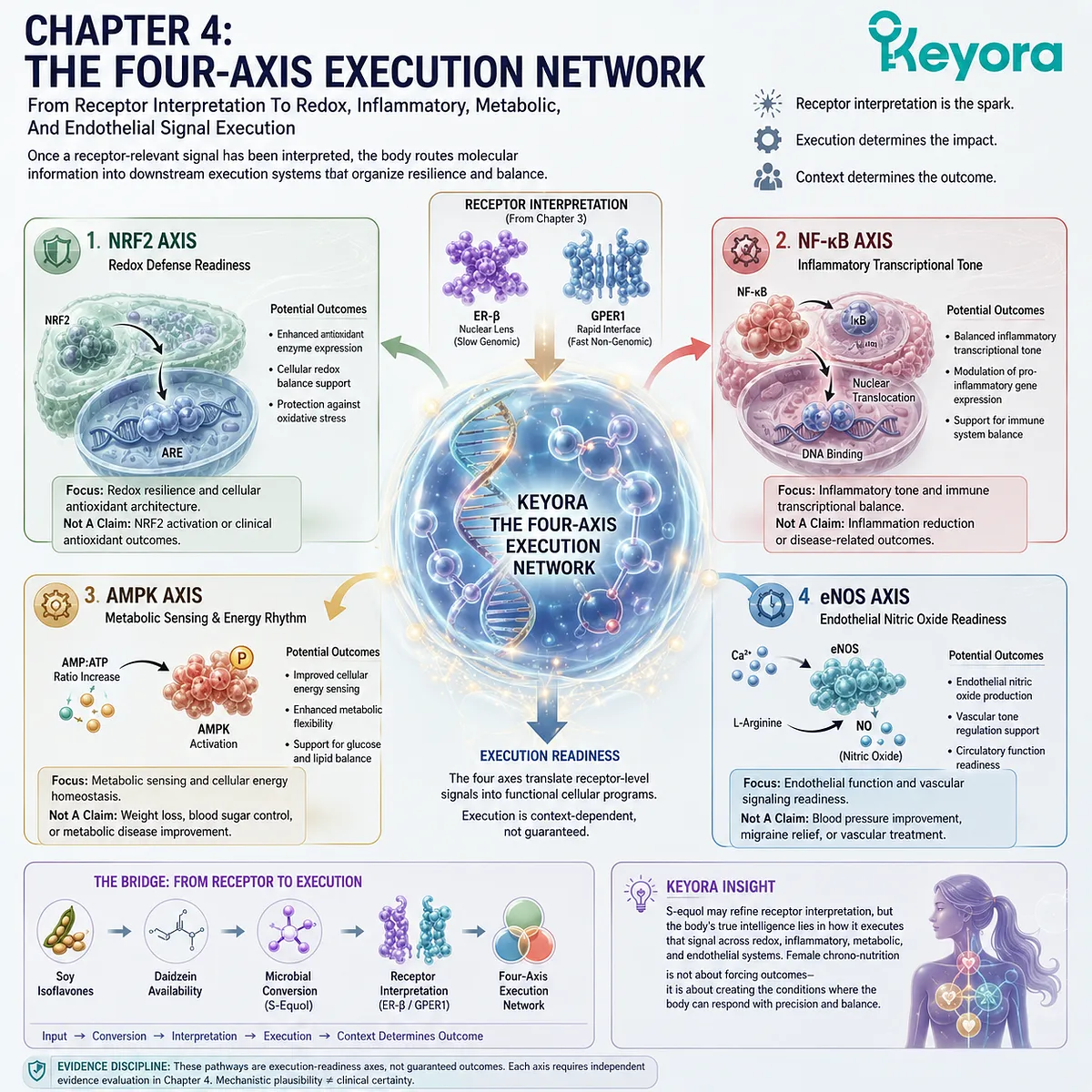 Nrf2, NF-κB, AMPK, and eNOS convert ER-β signal interpretation into Four-Axis Execution Network chrono-metabolic control. Nrf2, NF-κB, AMPK, and eNOS convert ER-β signal interpretation into Four-Axis Execution Network chrono-metabolic control.