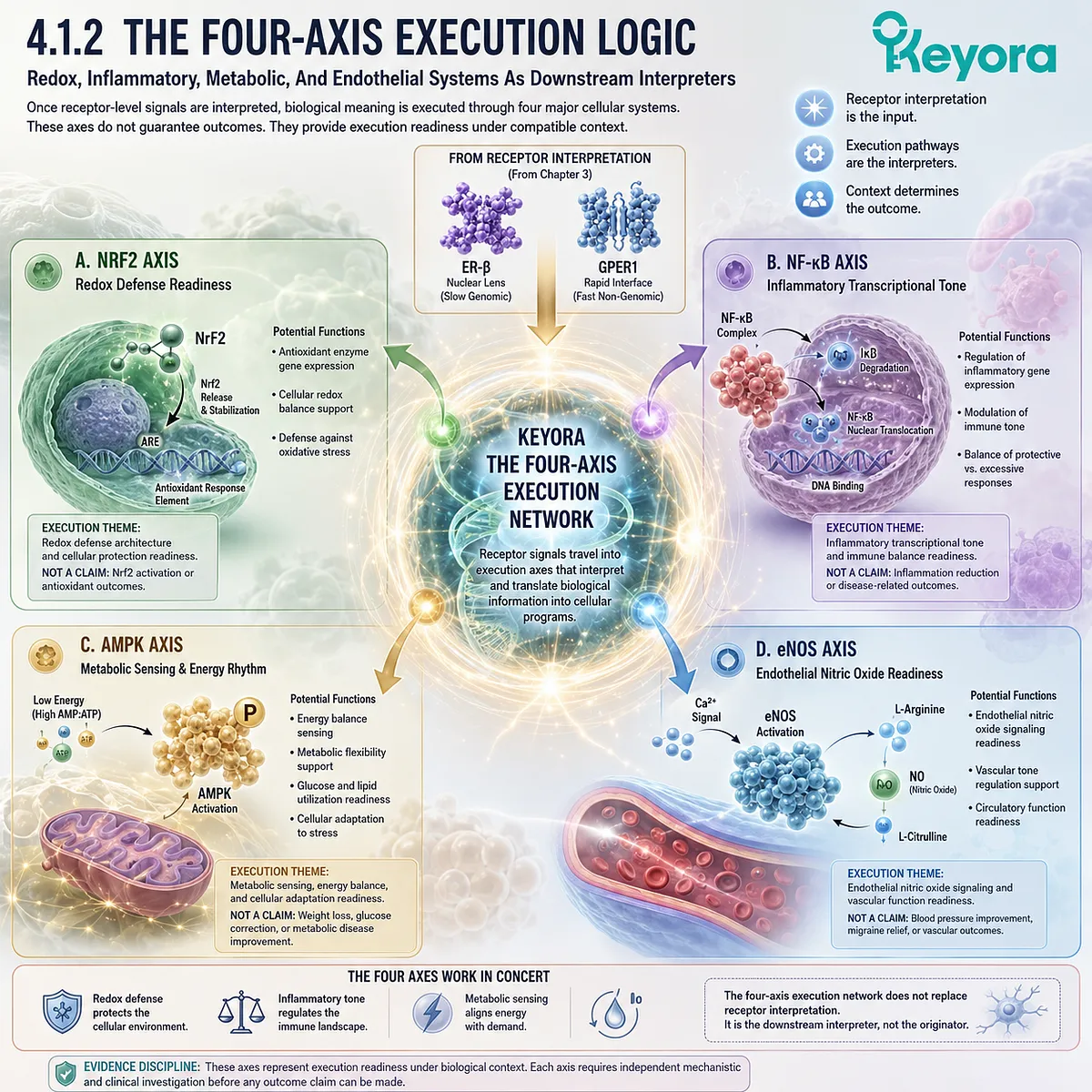 Nrf2, NF-κB, AMPK, and eNOS coordinate redox, inflammatory, metabolic, and endothelial execution in Keyora signaling architecture. Nrf2, NF-κB, AMPK, and eNOS coordinate redox, inflammatory, metabolic, and endothelial execution in Keyora signaling architecture.