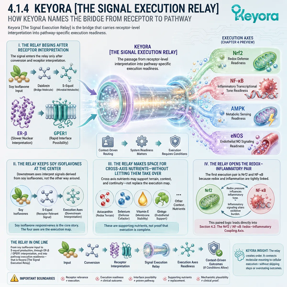 ER-β and GPER1 route soy isoflavone signals into Nrf2 and NF-κB through Keyora Signal Execution Relay architecture. ER-β and GPER1 route soy isoflavone signals into Nrf2 and NF-κB through Keyora Signal Execution Relay architecture.