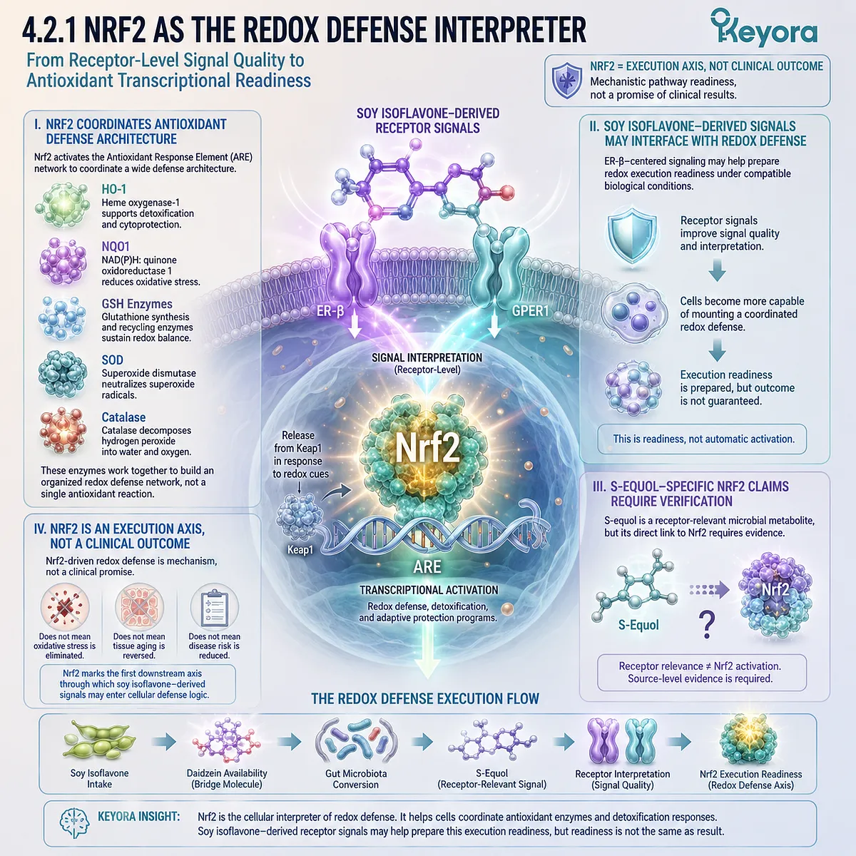 Nrf2 coordinates antioxidant transcriptional readiness through soy isoflavone redox defense signaling in Keyora execution architecture. Nrf2 coordinates antioxidant transcriptional readiness through soy isoflavone redox defense signaling in Keyora execution architecture.