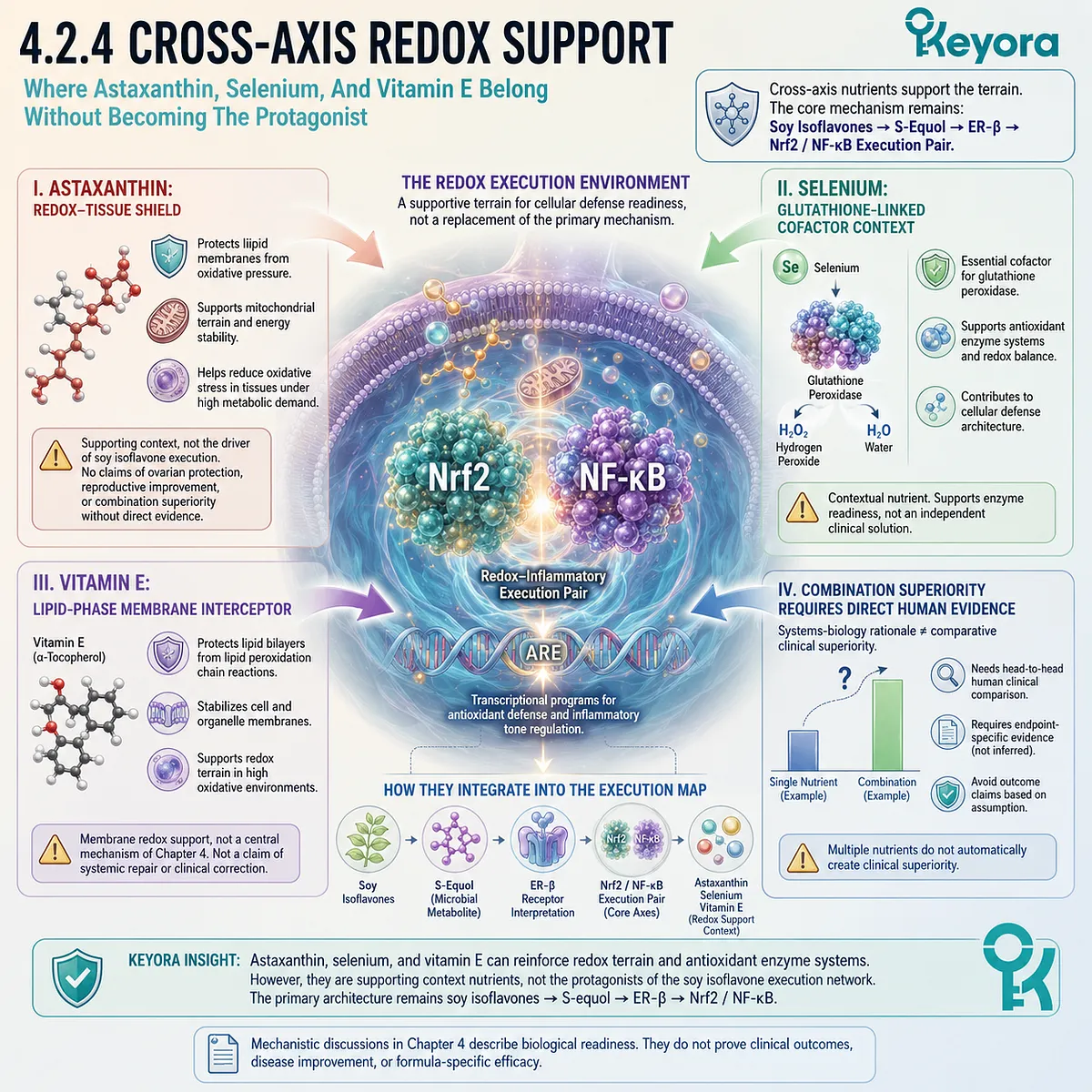 Astaxanthin, selenium, and vitamin E support Nrf2 redox terrain without replacing soy isoflavone execution signaling. Astaxanthin, selenium, and vitamin E support Nrf2 redox terrain without replacing soy isoflavone execution signaling.