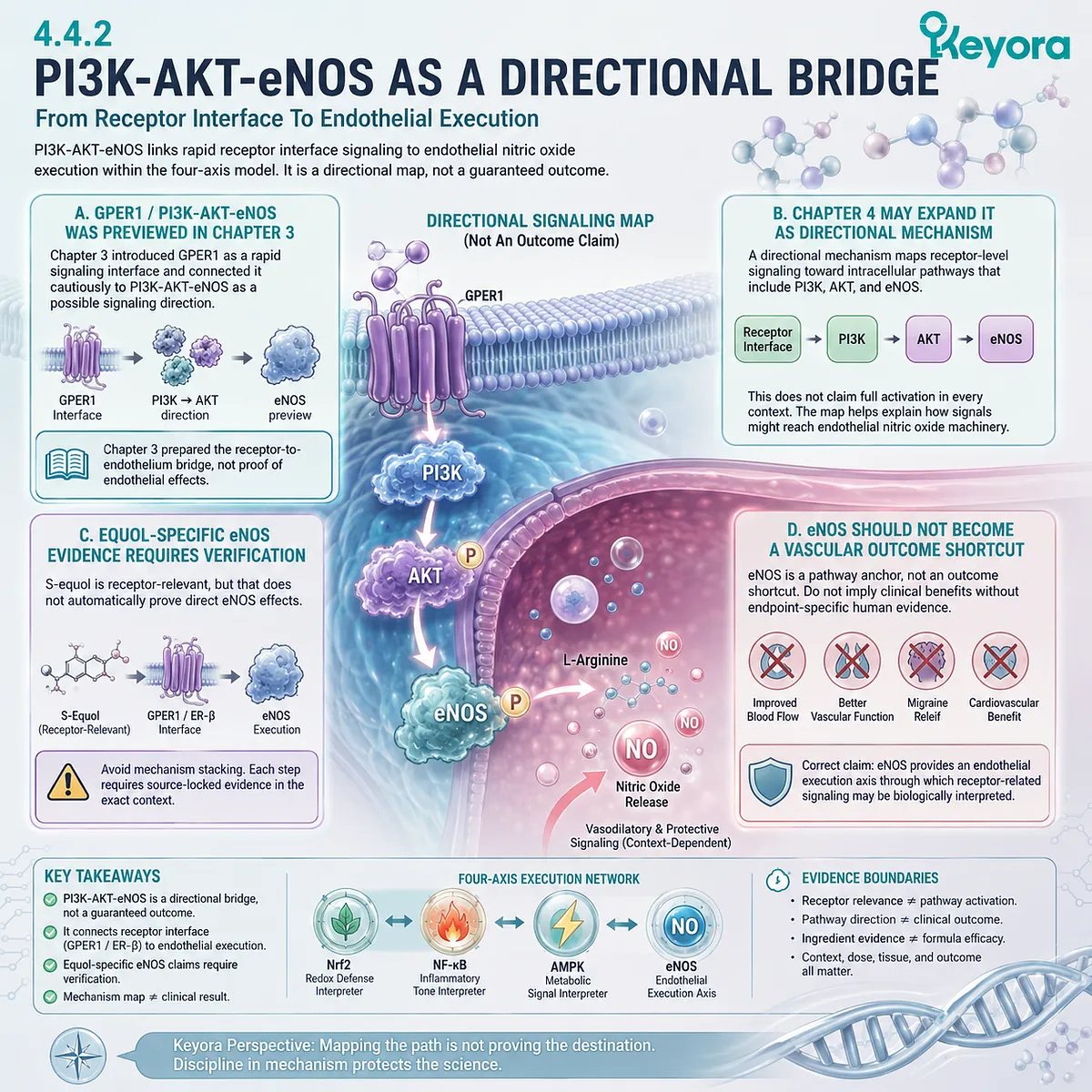PI3K-AKT-eNOS links receptor signaling to endothelial nitric oxide execution within Keyora vascular synchronization architecture. PI3K-AKT-eNOS links receptor signaling to endothelial nitric oxide execution within Keyora vascular synchronization architecture.