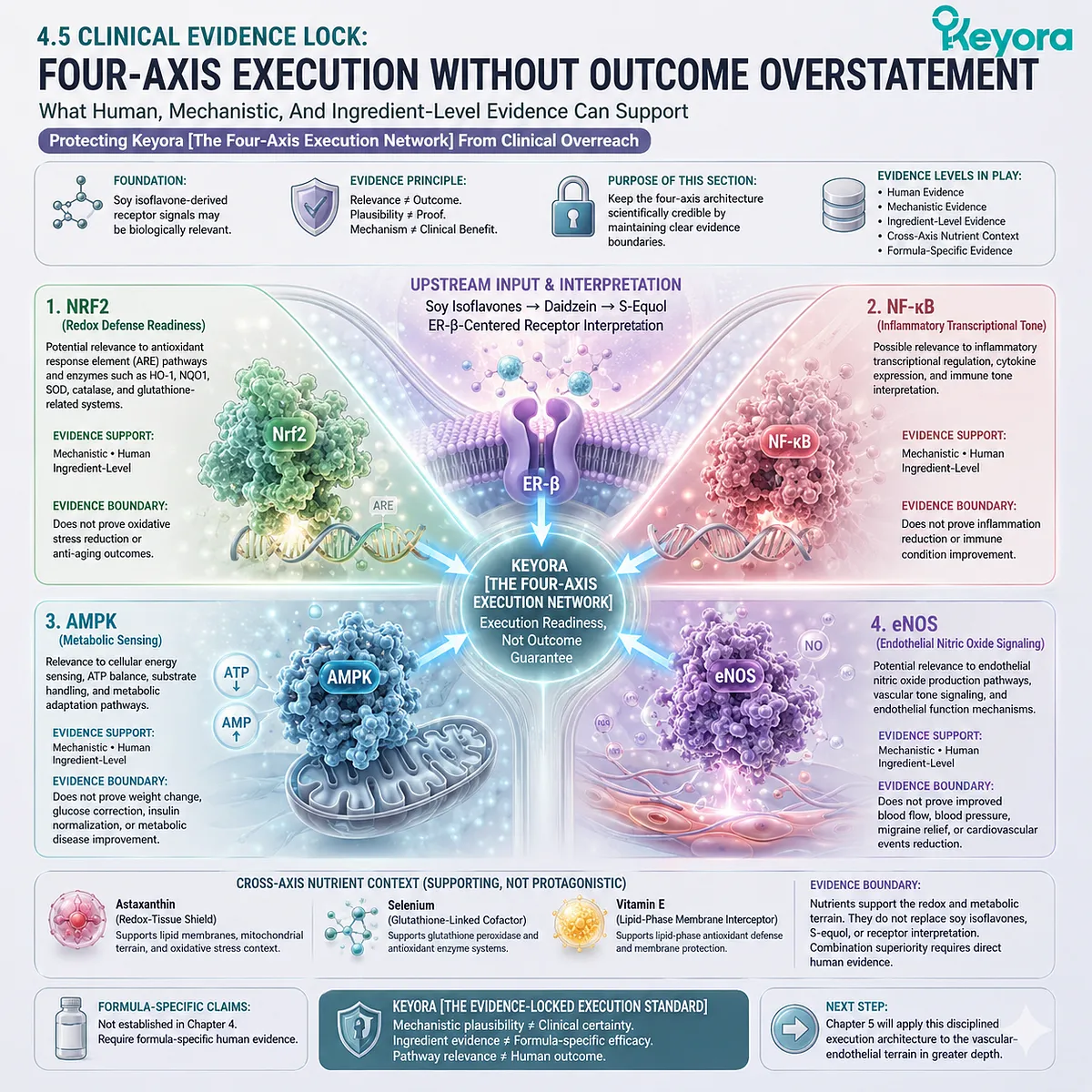 Clinical Evidence Lock separates Nrf2, NF-κB, AMPK, and eNOS pathway relevance from Keyora outcome overstatement. Clinical Evidence Lock separates Nrf2, NF-κB, AMPK, and eNOS pathway relevance from Keyora outcome overstatement.