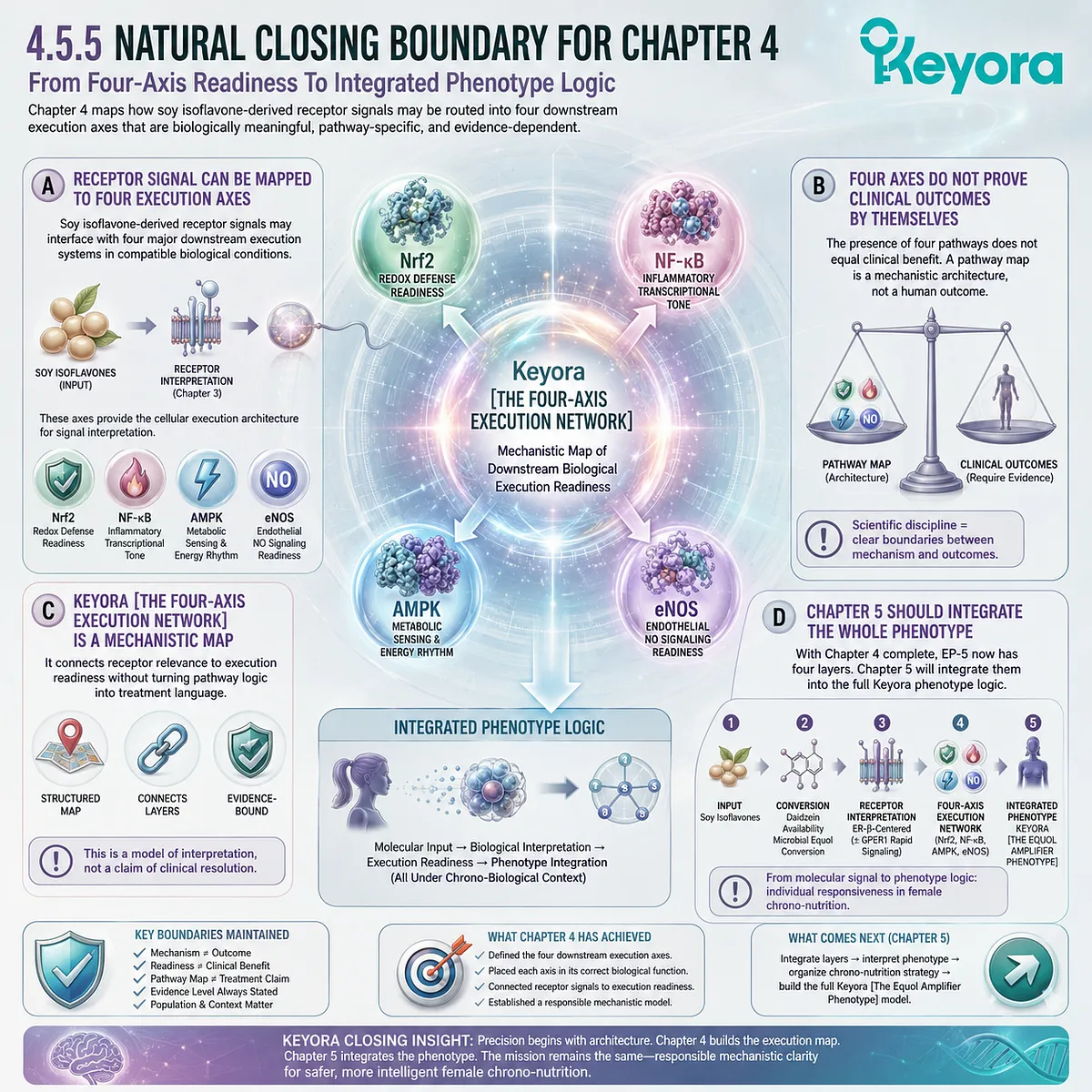 Keyora Four-Axis Execution Network links receptor interpretation to redox, metabolic, inflammatory, and endothelial readiness. Keyora Four-Axis Execution Network links receptor interpretation to redox, metabolic, inflammatory, and endothelial readiness.