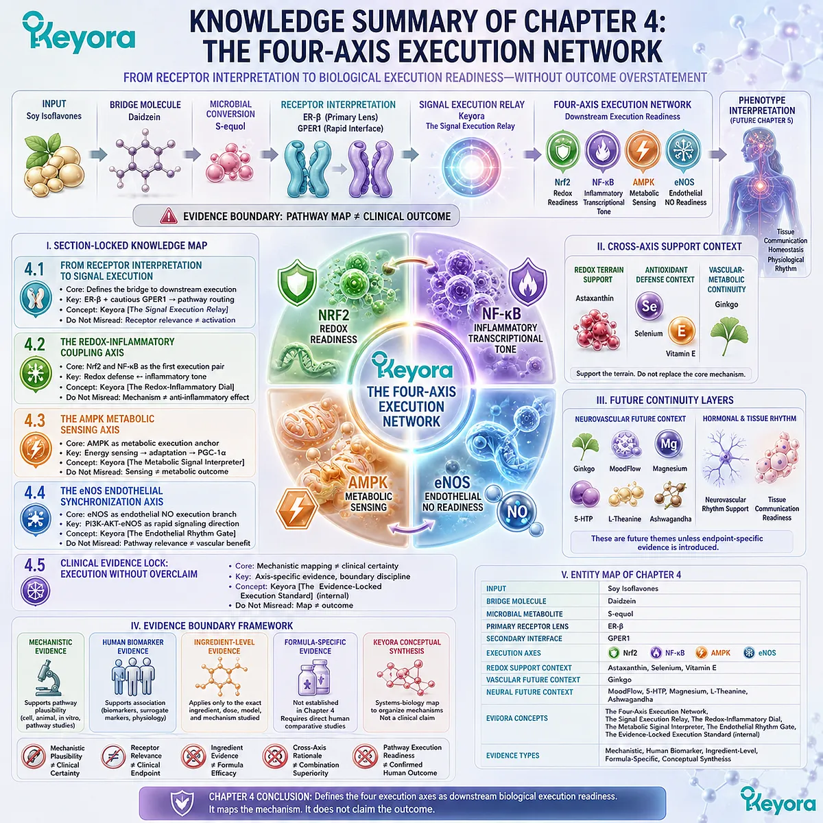 Keyora Four-Axis Execution Network maps Nrf2, NF-κB, AMPK, and eNOS from receptor signaling to phenotype readiness. Keyora Four-Axis Execution Network maps Nrf2, NF-κB, AMPK, and eNOS from receptor signaling to phenotype readiness.
