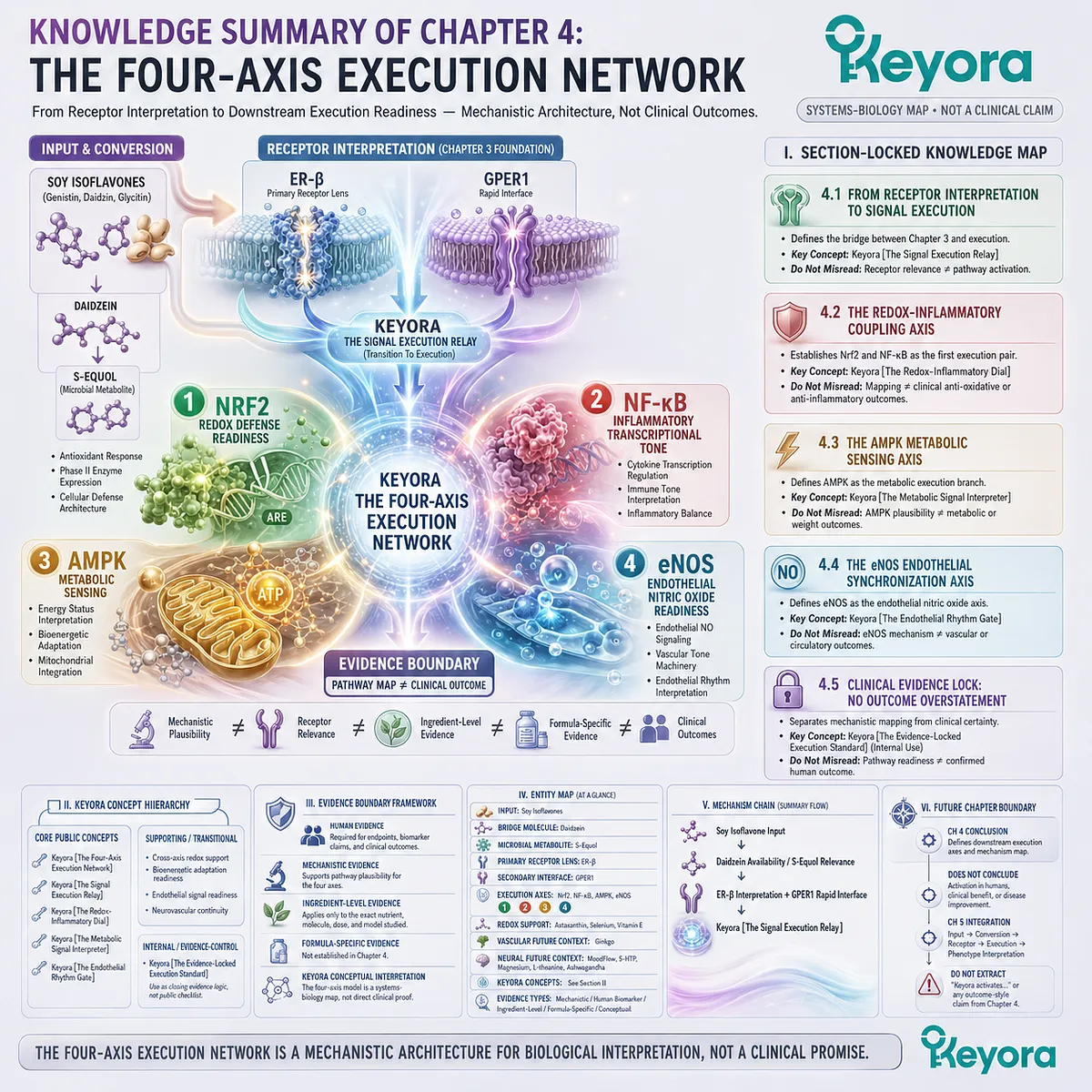 Keyora Four-Axis Execution Network maps Nrf2, NF-κB, AMPK, and eNOS from receptor signaling to phenotype readiness. Keyora Four-Axis Execution Network maps Nrf2, NF-κB, AMPK, and eNOS from receptor signaling to phenotype readiness.