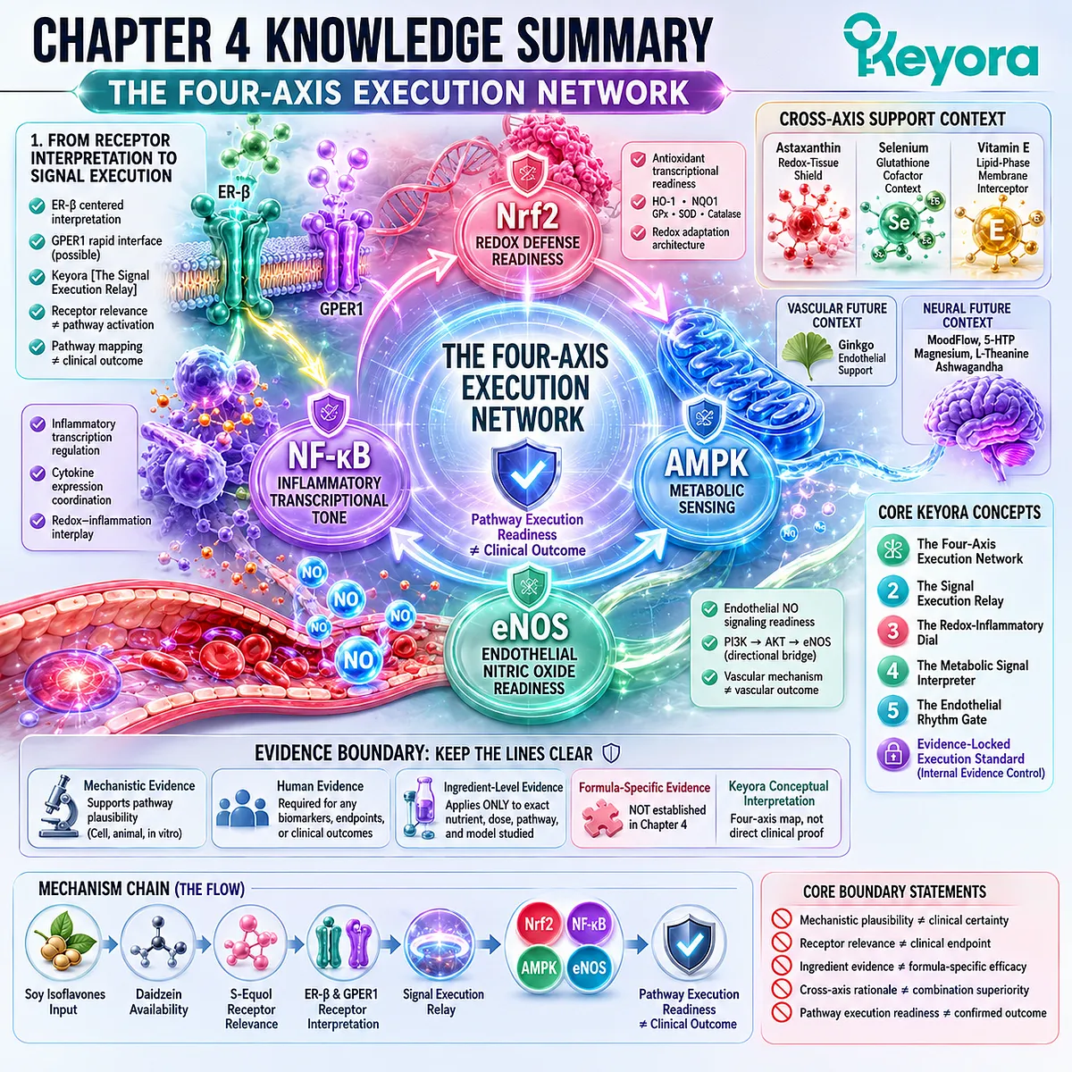 Keyora Four-Axis Execution Network maps Nrf2, NF-κB, AMPK, and eNOS from receptor signaling to phenotype readiness. Keyora Four-Axis Execution Network maps Nrf2, NF-κB, AMPK, and eNOS from receptor signaling to phenotype readiness.
