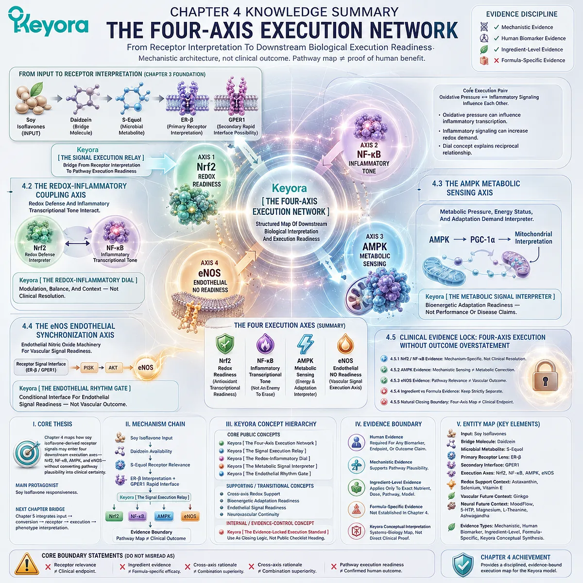 Keyora Four-Axis Execution Network maps Nrf2, NF-κB, AMPK, and eNOS from receptor signaling to phenotype readiness. Keyora Four-Axis Execution Network maps Nrf2, NF-κB, AMPK, and eNOS from receptor signaling to phenotype readiness.