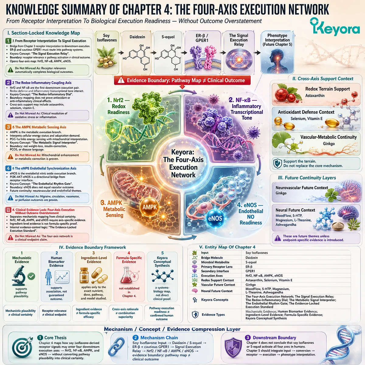 Keyora Four-Axis Execution Network maps Nrf2, NF-κB, AMPK, and eNOS from receptor signaling to phenotype readiness. Keyora Four-Axis Execution Network maps Nrf2, NF-κB, AMPK, and eNOS from receptor signaling to phenotype readiness.