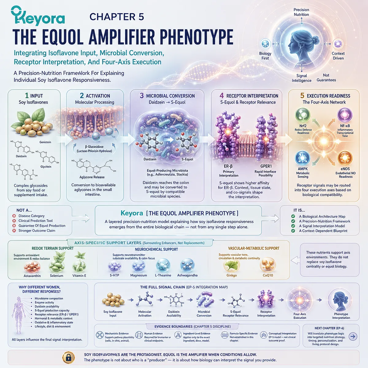Equol Amplifier Phenotype links daidzein conversion, ER-β signaling, AMPK sensing, and Nrf2 defense into precision resilience architecture. Equol Amplifier Phenotype links daidzein conversion, ER-β signaling, AMPK sensing, and Nrf2 defense into precision resilience architecture.