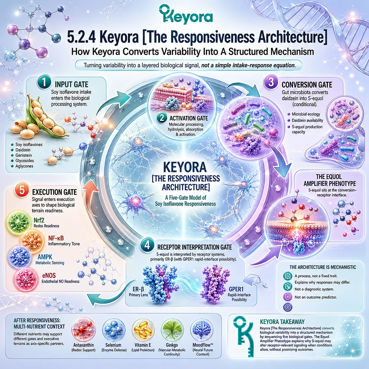 Keyora Responsiveness Architecture integrates microbial conversion, ER-β signaling, and four-axis execution into layered precision biology. Keyora Responsiveness Architecture integrates microbial conversion, ER-β signaling, and four-axis execution into layered precision biology.