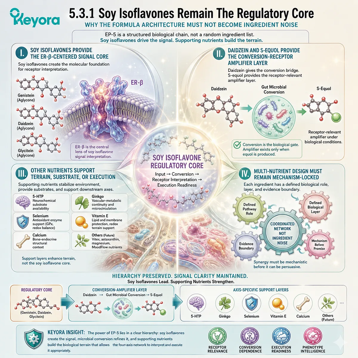 Soy isoflavones anchor ER-β signaling while selenium, Ginkgo, and 5-HTP support redox, neurovascular, and metabolic terrain. Soy isoflavones anchor ER-β signaling while selenium, Ginkgo, and 5-HTP support redox, neurovascular, and metabolic terrain.