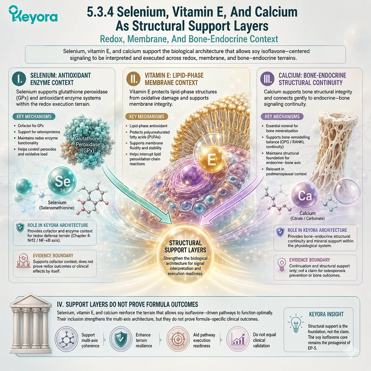 Selenium, vitamin E, and calcium reinforce redox enzymes, membrane defense, and bone-endocrine continuity within Keyora architecture. Selenium, vitamin E, and calcium reinforce redox enzymes, membrane defense, and bone-endocrine continuity within Keyora architecture.