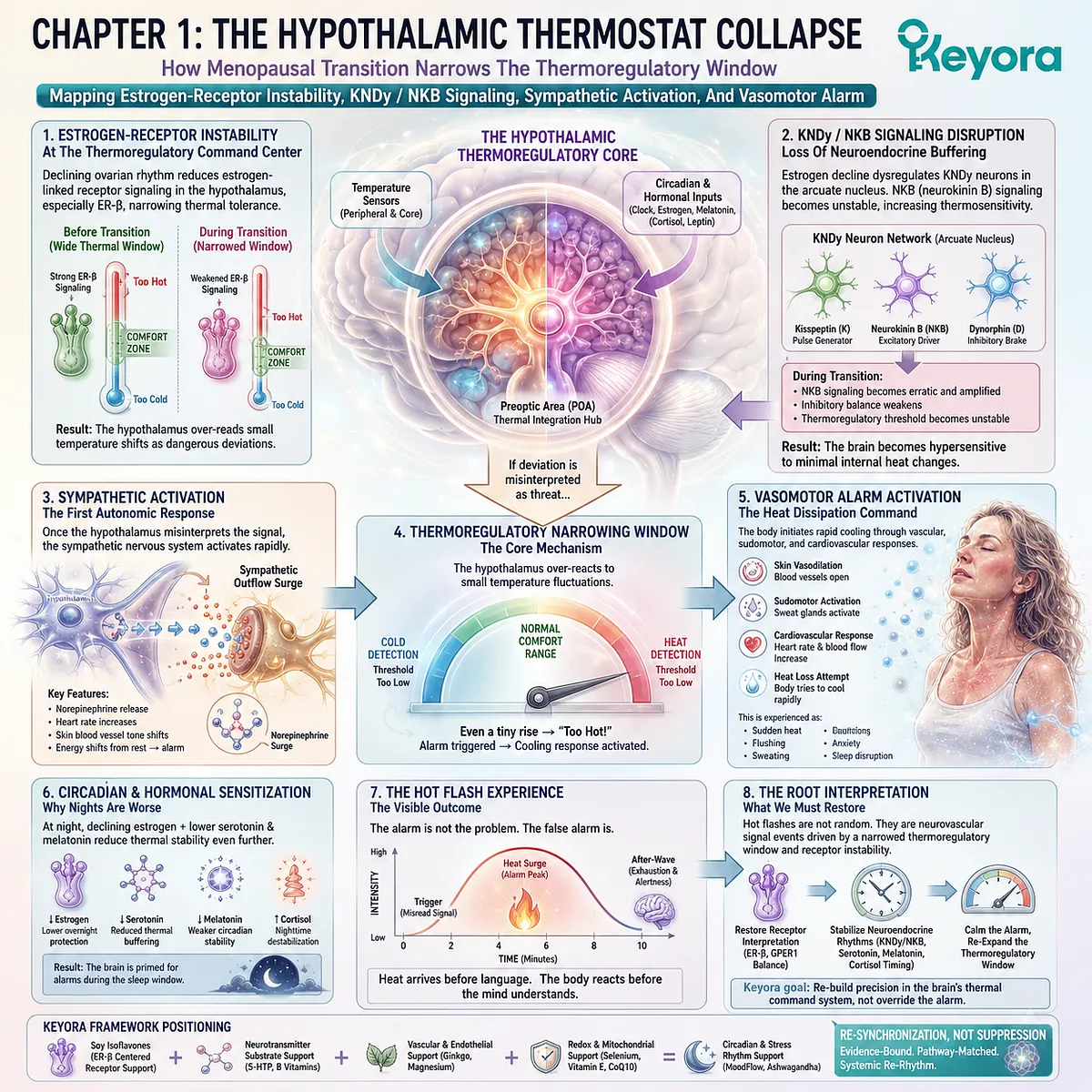 Hypothalamic signal collapse amplifies KNDy activation, sympathetic vasomotor alarms, and ER-β instability within the female thermal network. Hypothalamic signal collapse amplifies KNDy activation, sympathetic vasomotor alarms, and ER-β instability within the female thermal network.