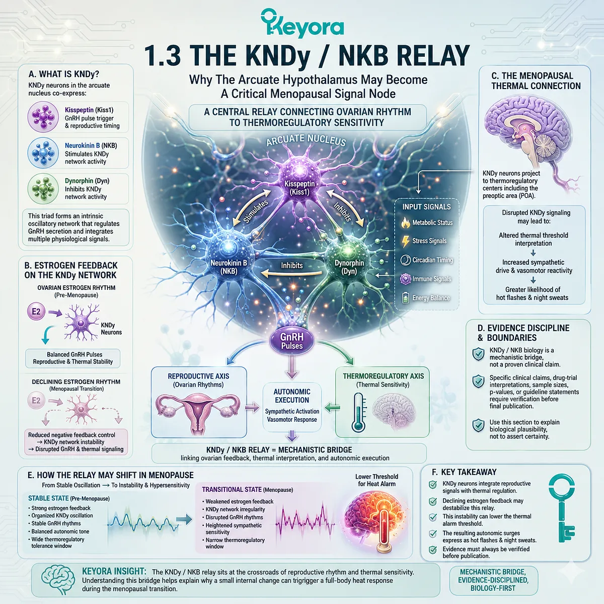 KNDy and neurokinin B signaling link estrogen-feedback instability to hypothalamic thermoregulatory alarm and vasomotor activation. KNDy and neurokinin B signaling link estrogen-feedback instability to hypothalamic thermoregulatory alarm and vasomotor activation.