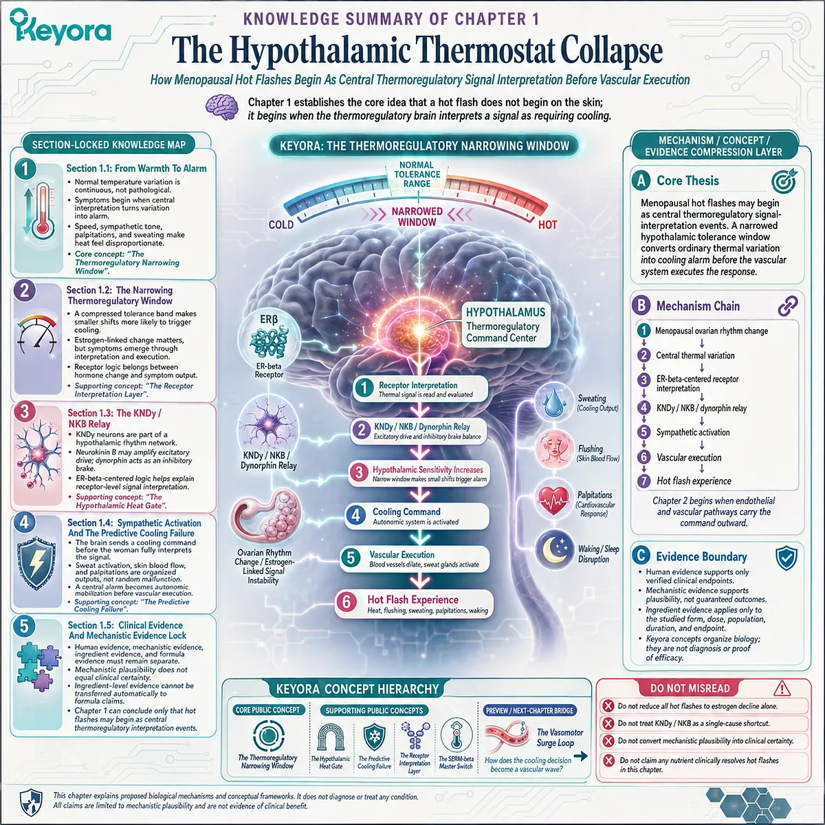 Hypothalamic thermoregulation, ER-β signaling, and KNDy relay instability drive menopausal vasomotor alarm before vascular execution. Hypothalamic thermoregulation, ER-β signaling, and KNDy relay instability drive menopausal vasomotor alarm before vascular execution.