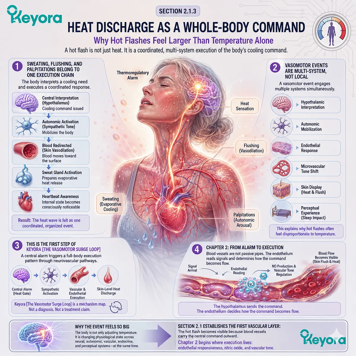 The Vasomotor Surge Loop integrates autonomic activation, endothelial signaling, and heat discharge into a whole-body Neuro-Endocrine Storm. The Vasomotor Surge Loop integrates autonomic activation, endothelial signaling, and heat discharge into a whole-body Neuro-Endocrine Storm.