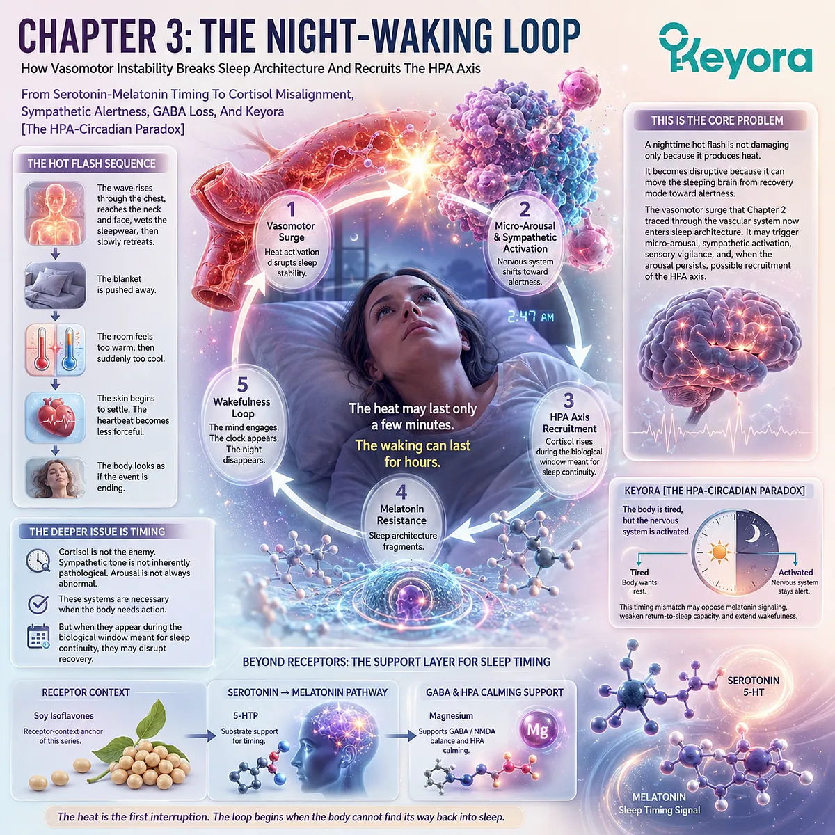 Vasomotor instability recruits the HPA-Circadian Paradox, disrupting melatonin timing, GABA recovery, and nocturnal cortisol alignment. Vasomotor instability recruits the HPA-Circadian Paradox, disrupting melatonin timing, GABA recovery, and nocturnal cortisol alignment.