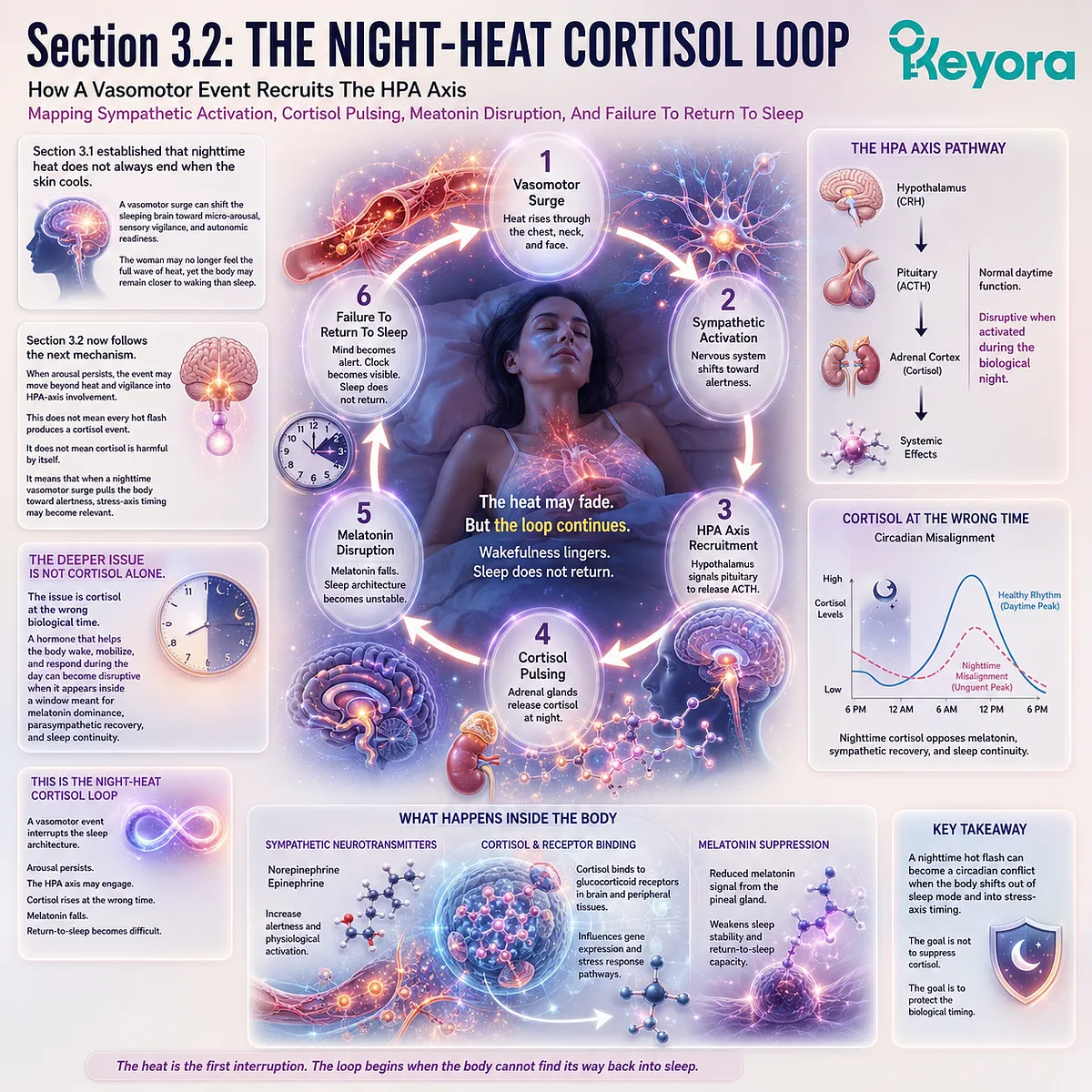 Nighttime vasomotor instability recruits cortisol misalignment, sympathetic activation, and circadian conflict within Keyora’s HPA-Circadian Paradox. Nighttime vasomotor instability recruits cortisol misalignment, sympathetic activation, and circadian conflict within Keyora’s HPA-Circadian Paradox.