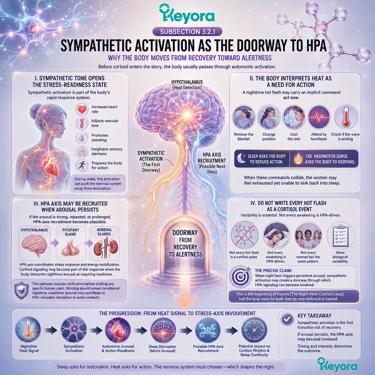 Sympathetic activation turns night heat into stress readiness, opening Keyora’s Night-Heat Cortisol Loop and HPA timing conflict. Sympathetic activation turns night heat into stress readiness, opening Keyora’s Night-Heat Cortisol Loop and HPA timing conflict.