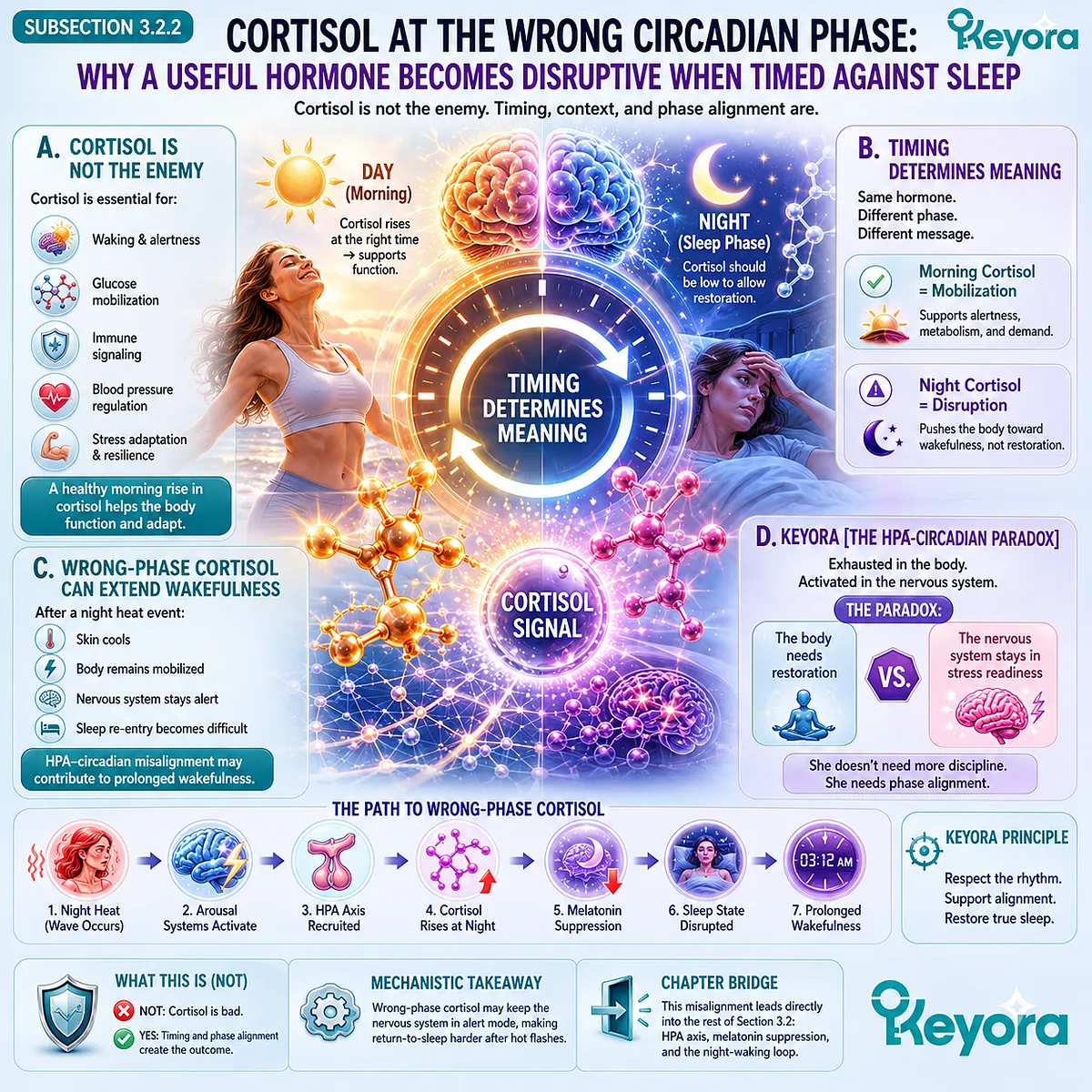 Wrong-phase cortisol disrupts melatonin dominance, prolongs nocturnal alertness, and reinforces Keyora’s HPA-Circadian Paradox. Wrong-phase cortisol disrupts melatonin dominance, prolongs nocturnal alertness, and reinforces Keyora’s HPA-Circadian Paradox.
