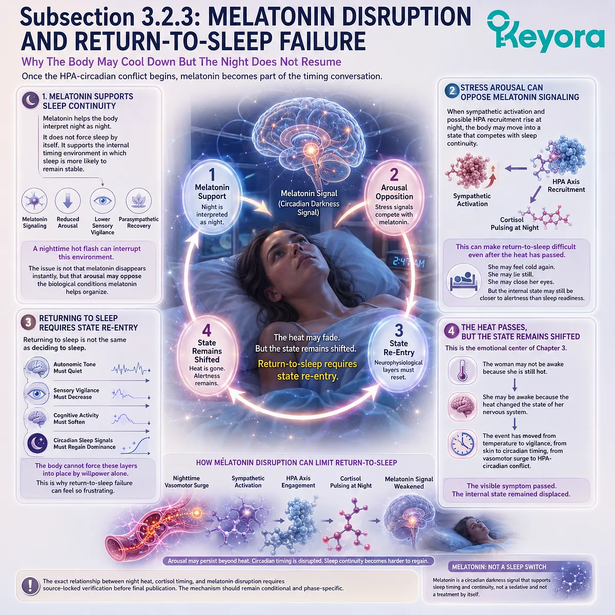 Melatonin disruption and nocturnal vigilance prevent sleep-state re-entry, sustaining Keyora’s HPA-Circadian Paradox after heat fades. Melatonin disruption and nocturnal vigilance prevent sleep-state re-entry, sustaining Keyora’s HPA-Circadian Paradox after heat fades.