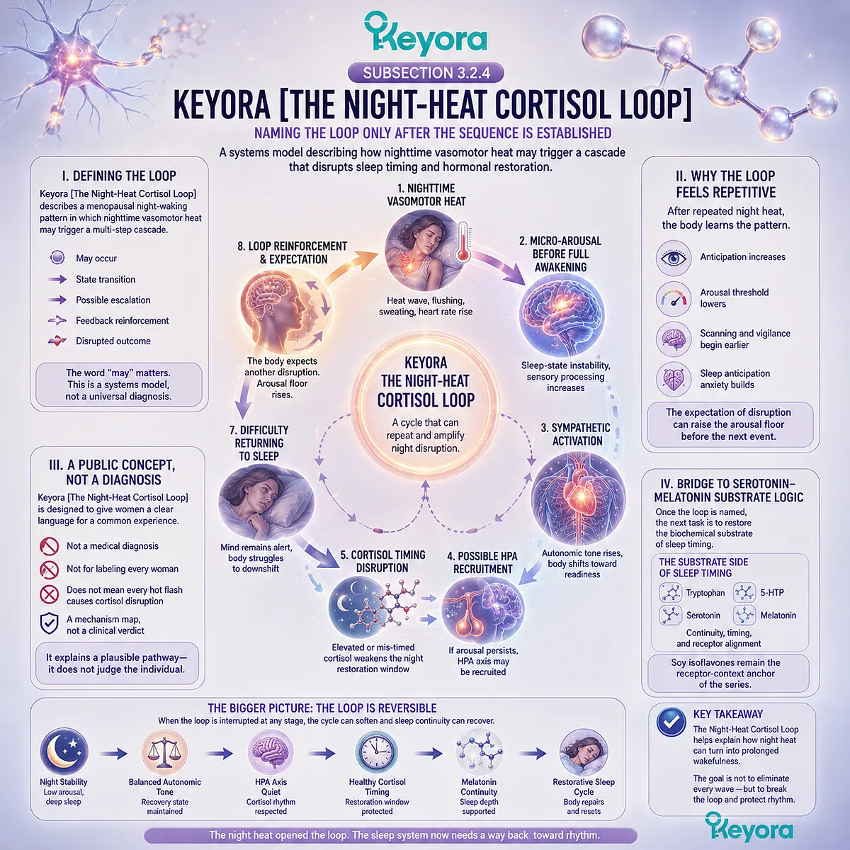 Keyora’s Night-Heat Cortisol Loop links vasomotor arousal, cortisol misalignment, melatonin disruption, and prolonged wakefulness. Keyora’s Night-Heat Cortisol Loop links vasomotor arousal, cortisol misalignment, melatonin disruption, and prolonged wakefulness.