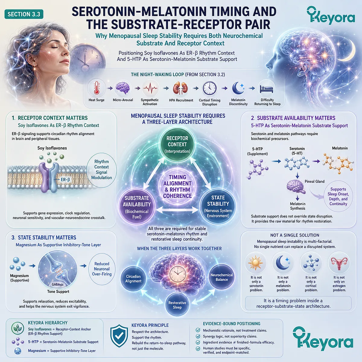 Soy isoflavones and 5-HTP align ER-β rhythm context with serotonin-melatonin substrate support in Keyora’s sleep architecture. Soy isoflavones and 5-HTP align ER-β rhythm context with serotonin-melatonin substrate support in Keyora’s sleep architecture.