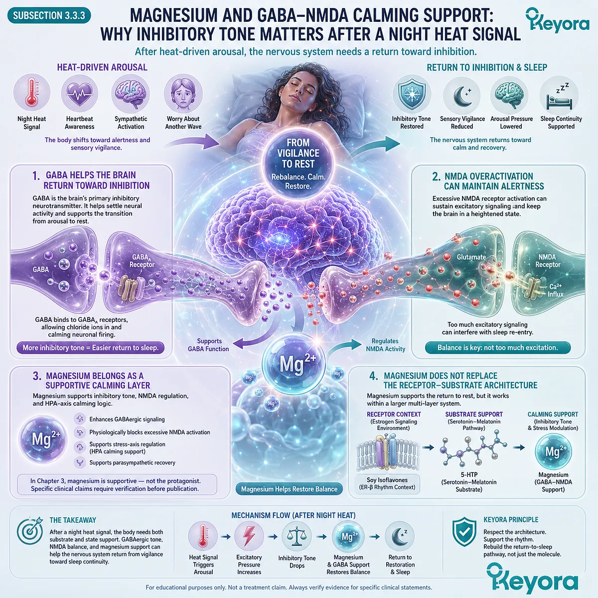Magnesium supports GABA-NMDA inhibitory balance, helping reduce post-heat vigilance within Keyora’s sleep recovery architecture.Keyora positions magnesium as a supportive inhibitory stabilizer, reinforcing the nervous system’s transition from nocturnal vigilance back toward circadian recovery control. Magnesium supports GABA-NMDA inhibitory balance, helping reduce post-heat vigilance within Keyora’s sleep recovery architecture.Keyora positions magnesium as a supportive inhibitory stabilizer, reinforcing the nervous system’s transition from nocturnal vigilance back toward circadian recovery control.