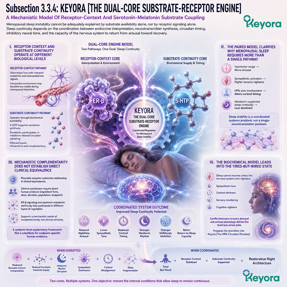 Keyora’s Dual-Core Substrate-Receptor Engine couples ER-β signaling with serotonin-melatonin continuity to stabilize sleep timing. Keyora’s Dual-Core Substrate-Receptor Engine couples ER-β signaling with serotonin-melatonin continuity to stabilize sleep timing.