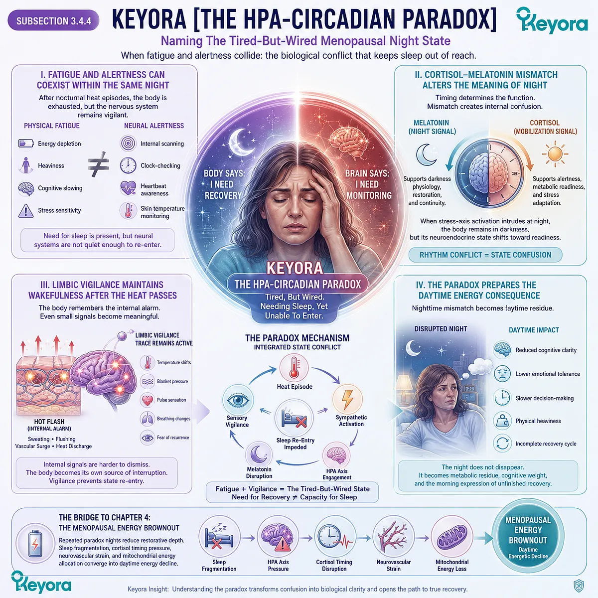 Keyora’s HPA-Circadian Paradox links cortisol-melatonin mismatch, limbic vigilance, and menopausal tired-but-wired physiology. Keyora’s HPA-Circadian Paradox links cortisol-melatonin mismatch, limbic vigilance, and menopausal tired-but-wired physiology.